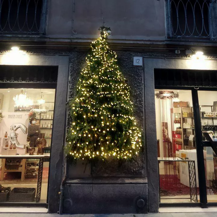 Alberi di Natale Brescia per spazi commerciali: installazione esterna di albero sospeso - Il Lauro